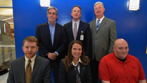 Top, from left to right: Greenville Drive Executive Vice President Nate Lipscomb, Greenville County Schools spokesperson Oby Lyles, Eastside High School Principal Mike Thorne. Bottom, from left to right: Bradshaw Automotive GM Wes Bradshaw, Michelin Community Relations Director Leesa Owens, and Verizon Wireless District Manager Thomas Brown. (Richard Shiro)