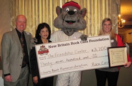 left to right: Steve Kunsey (Rock Cats), Pam Vatti (Liberty Bank), Rocky the Rock Cat, Amy Helbling (Rock Cats)