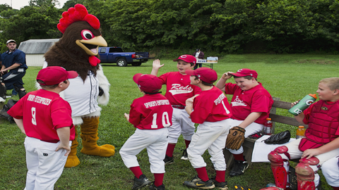 P-Rays mascot, Roscoe the Rooster, entertains kids at a recent June 6 "Little League Caravan" visit to Narrows, VA (Brandon Grose)
