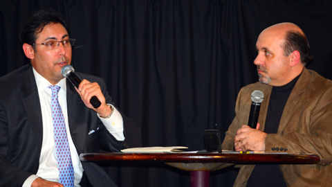 Phillies GM Ruben Amaro, Jr. (left) is interviewed during the Cutters Hot Stove festivities.