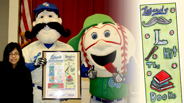 Ana Flores-Ortiz, a Bourbon Central Elementary student and winner of the Lexington Legends Hit the Books bookmark design contest, was congratulated by the Legends' Big L (center) and Pee Wee during a presentation at the school March 3. (Bourbon Central Elementary/Lexington Legends)